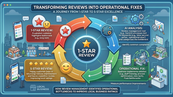 Infographic showing how google review management identifies operational bottlenecks to improve local business ratings