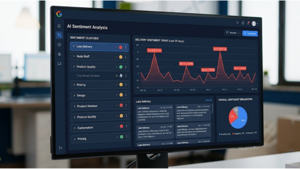 Dashboard view of an AI sentiment analysis tool for google review management.